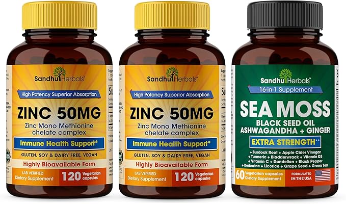 Sandhu Herbals Zinc 50mg &amp Sea Moss Black Seed Oil Ashwagandha Ginger Burdock Root Supplement for Men &amp Women| Made in USA