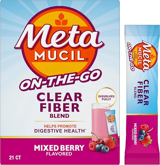 Metamucil Fiber Supplement Clear Mixing Fiber Powder Stick Packs Mixed Berry Flavor On The go Plant Based Prebiotic Fiber Supplement Blend for Daily Digestive Health 21 Stick Packs