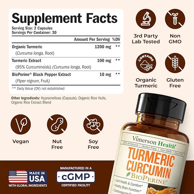 Turmeric Curcumin Supplement - 1200 mg Organic Turmeric + Tumeric Extract (95% Curcuminoids) for Joint Support &amp Digestive Health - Turmeric Supplement - Pure Curcumin with Black Pepper - 60 Capsu