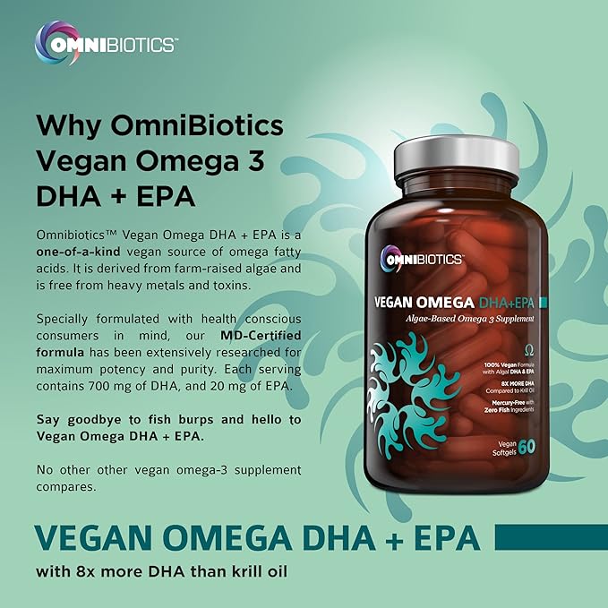 OmniBiotics Vegan Omega 3 DHA EPA Supplement – MD-Certified Prenatal Supplement with 8X More DHA Than Krill Oil Fish-Free Non-GMO – 60 Vegan Capsules