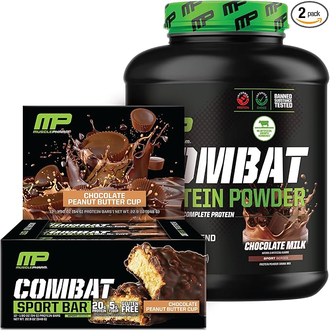 Muscle Pharm Combat Protein 4lb Chocolate Milk and Combat Chocolate Peanut Butter Sport Bars