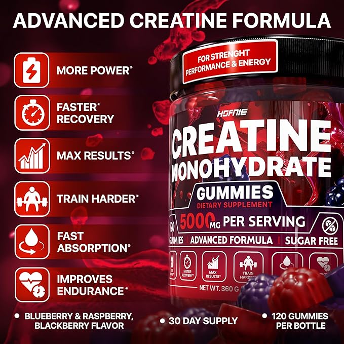 Creatine Monohydrate Gummies 5000 mg – Vegan Sugar-Free Pre Workout Creatine for Men &amp Women – Raspberry &amp BlackBerry Flavored Chewable Creatine Monohydrate 120 Gummies (30-Day Supply)