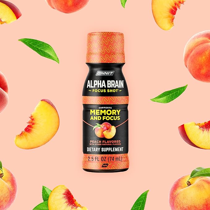 ONNIT Alpha Brain Focus Shot Peach Flavor Nootropic Dietary Supplement Drink that Supports Energy Focus and Mood IGEN™ Non-GMO Tested 2.5 fl oz 6 Count