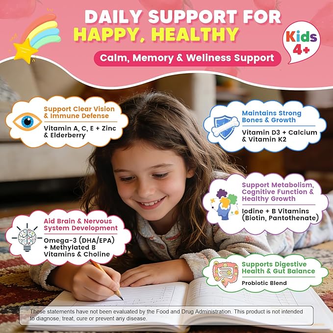 Kids Methylated Multivitamin Gummies with Omega 3 Multivitamin for Kids &amp Teens 4+ w/L Methylfolate &amp B12 Calcium Probiotics Elderberry 16 Vitamins for Healthy Growth Immune Support Sug