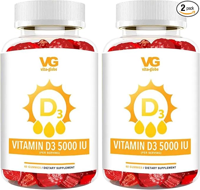 VITA GLOBE Vitamin D3 5000 IU (250 mcg) with Zinc and Echinacea Gummy Extra Strength Vitamin D Supplement for Bone and Immune Health Support 120 Count (Pack of 2)