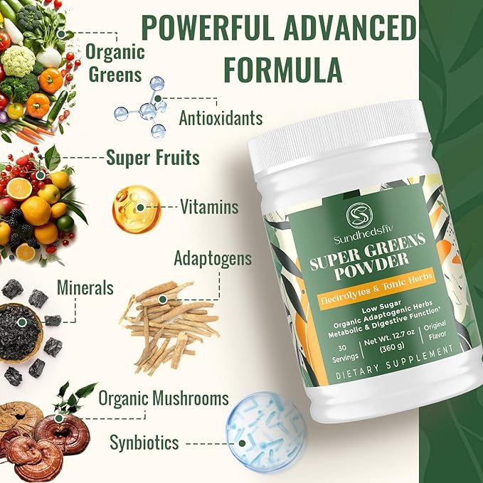 Super Greens Powder Superfood + Electrolytes &amp Tonic Herbs | Organic Greens Shilajit Adaptogens Antioxidants Preobiotic &amp Probiotic &amp Postbiotic| for Energy Gut &amp Immune| Unflavor
