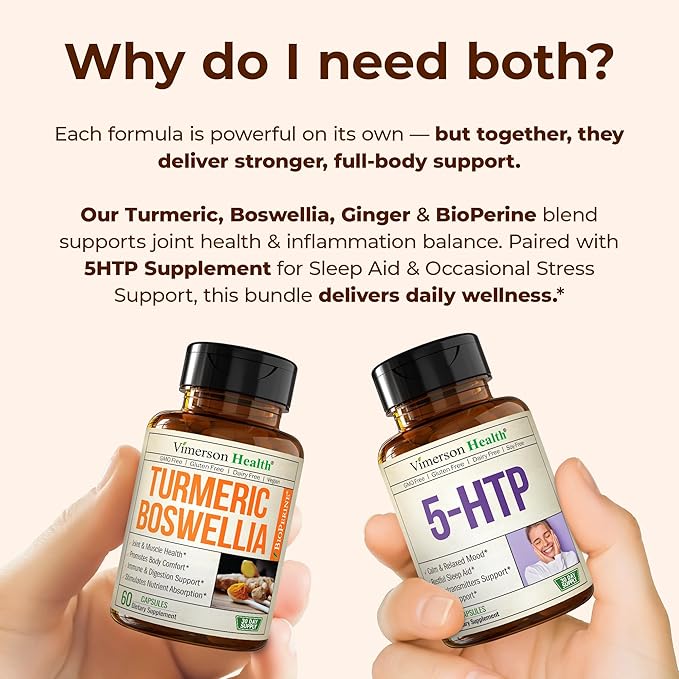 Boswellia Turmeric Curcumin Supplement + 5HTP Sleep Supplement Bundle – Joint Health Support Sleep Aid &amp Occasional Stress Support – with Ginger Root Organic Turmeric Powder 5 HTP &amp Calcium
