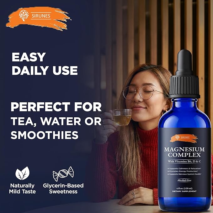 SIRUNES Magnesium Complex Liquid Drops – Magnesium Supplement with Vitamins B6 D3 &amp C – Calm &amp Relaxation Support Energy Production Nervous System Wellness – Alcohol-Free Liquid Magnesium –