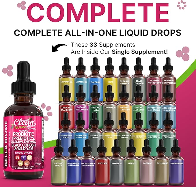 Liquid Probiotics for Women Drops with Chasteberry Black Cohosh Prebiotics Digestive Enzymes Evening Primrose Oil Wild Yam Cranberry Dmannose and Iron Vitamin D3 K2 Clean Nutra Bella Biotics (2)