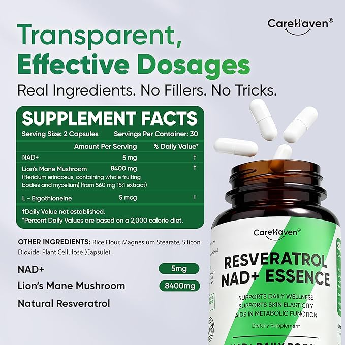NAD+ Resveratrol Essence Capsules - 5mg NAD+ &amp Lion's Mane Mushroom - Supports Healthy Cell Function &amp Daily Wellness - 60 Active Dietary Capsules (1PCS)