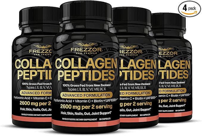 FREZZOR Collagen Peptides with UAF1000+ 100% Grass-Fed New Zealand Cattle Source Hydrolyzed Joint Skin Hair &amp Nail Support Amino Acids Anti-Aging 360 Capsules 4 Bottles