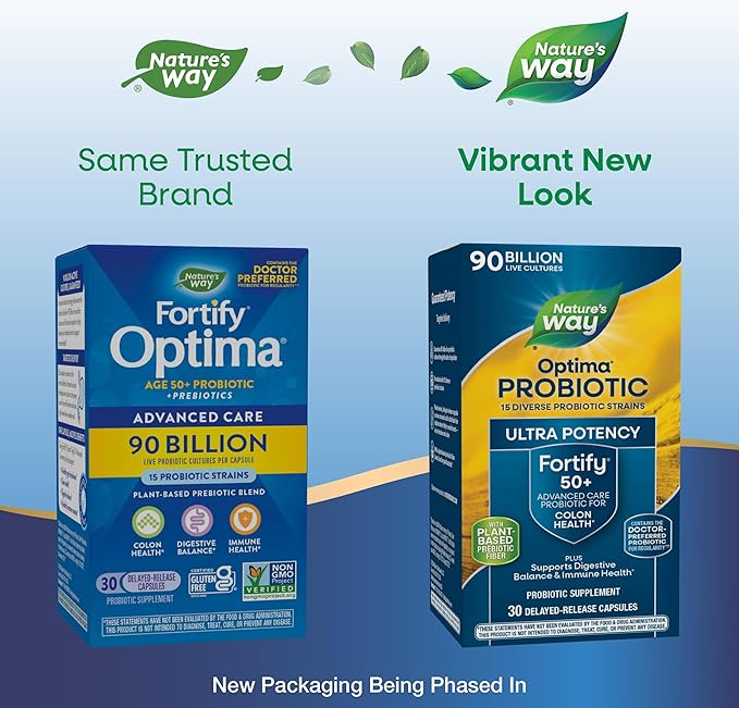Nature's Way Fortify Optima Probiotic for Adults 50+ 90 Billion Live Cultures 15 Strains Colon Health* Supports Digestive Balance and Immune Health* 30 Capsules (Packaging May Vary)