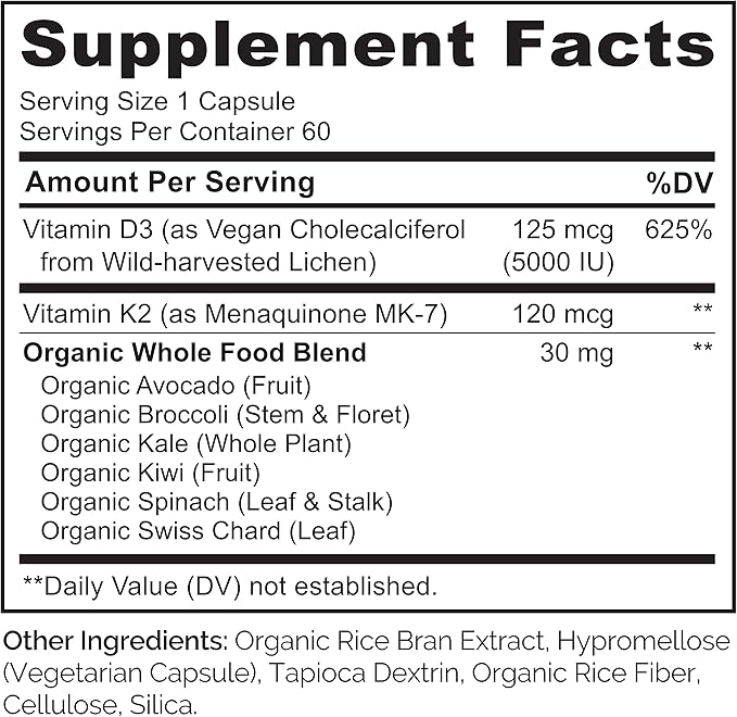 NATURELO Vitamin D3 K2 - Vegan K2+D3 with Plant Based D3 from Lichen - Natural D3 Supplement for Immune System Bone Support Heart Health - Whole Food - Non-GMO - Gluten Free 60 Capsules (Pack of 2)