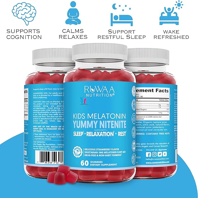 Melatonin 1mg Gummies for Kids Safe Drug-Free &amp Effective Natural Sleep Aid Supplement for Children. Kids 1mg Melatonin Gummy Gluten-Free Vegetarian Restful Sleep Products for Ages 4+. 180ct (3