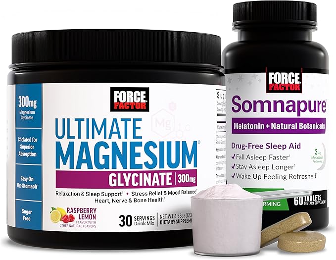 Bundle of Force Factor Somnapure Drug-Free Sleep Aid for Adults for with Melatonin &amp Valerian 60 Tablets + Force Factor Ultimate Magnesium Glycinate Powder 300mg Raspberry Lemon 30 Servings