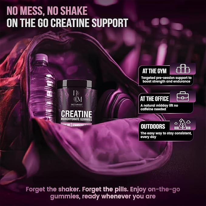 INSTAMART Creatine Gummies for Women &amp Men (180 Count) – Sugar Free Pure Creatine Monohydrate 5000mg Non-GMO Vegan &amp Strawberry Flavored Chews for Muscle Growth Strength Energy &amp Faste