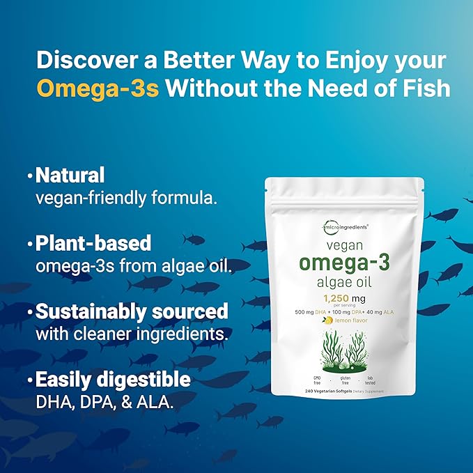 Micro Ingredients Vegan Omega 3 Algae Oil 240 Veggie Softgels | Fish Oil Alternative | DHA 500mg &amp DPA 100mg | Carrageenan Free | Plant-Based Omega 3 with Flaxseed &amp ALA | Lemon Flavored