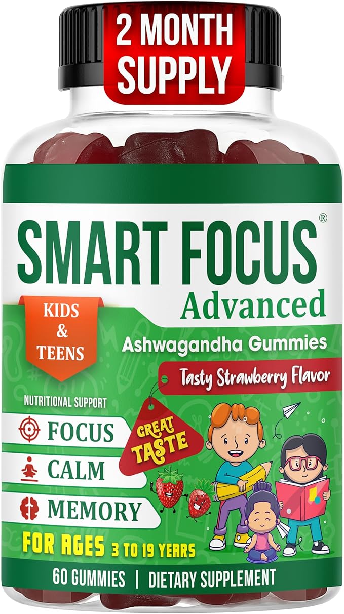 Kids Focus Gummies with Calm Ashwagandha Supplements for Kids &amp Teens – Calm Gummies for Attention Memory &amp Relaxed Sleep – Natural Strawberry Flavor – 60 Gummies