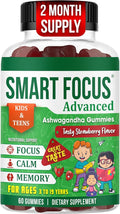 Kids Focus Gummies with Calm Ashwagandha Supplements for Kids &amp Teens – Calm Gummies for Attention Memory &amp Relaxed Sleep – Natural Strawberry Flavor – 60 Gummies