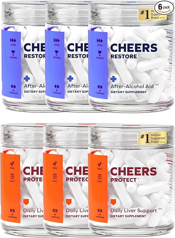 Cheers Liver Combo | Restore + Protect | Support Your Liver &amp Feel Better After Drinking | DHM L-Cysteine Milk Thistle Prickly Pear B-Vitamins | 36 Doses Restore 90 Doses Protect | Supplement