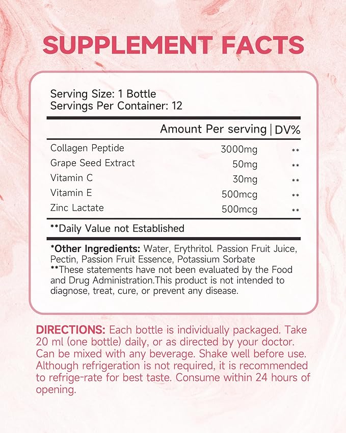 Liquid Collagen Peptides for Women &amp Men - 3000mg Hydrolyzed Bovine Collagen Type 1 &amp 3 Zinc Lactate Vitamins C &amp E Tropical Flavor Sugar-Free Gluten-Free Non-GMO - 12 Servings (8 fl
