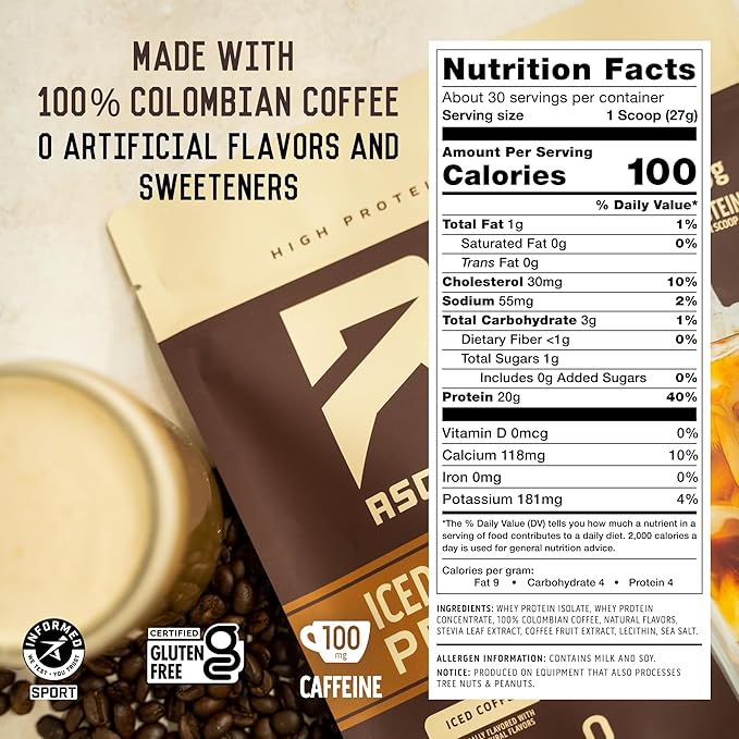 Ascent Iced Coffee Protein Powder - High Protein Coffee Powder 20 g Protein &amp 100 mg Caffeine - 30 Servings