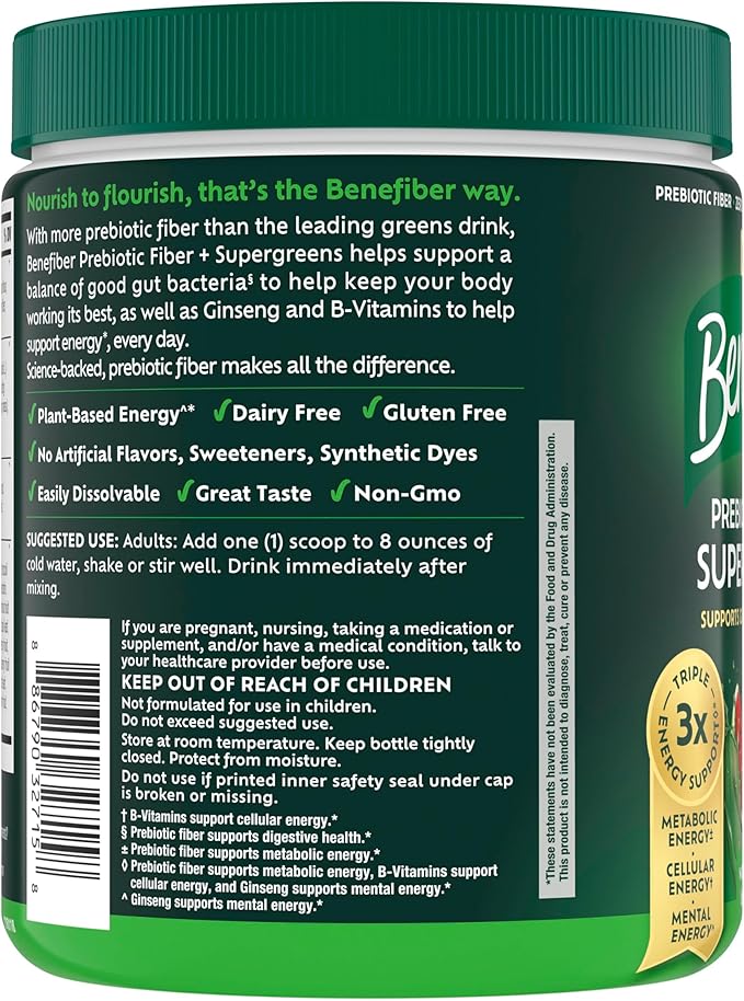 Benefiber Prebiotic Fiber + Supergreens Dietary Supplement Powder Watermelon Lemonade Flavor 8.8 oz (250g)