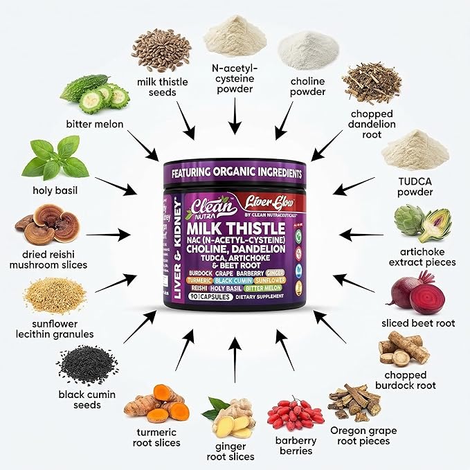 Clean Nutra Organic Milk Thistle Supplement | Liver Cleanse Detox &amp Repair + NAC Choline Dandelion Root TUDCA Artichoke Beet Root Burdock Holy Basil Kidney &amp Liver Support 90 Vegan Capsules