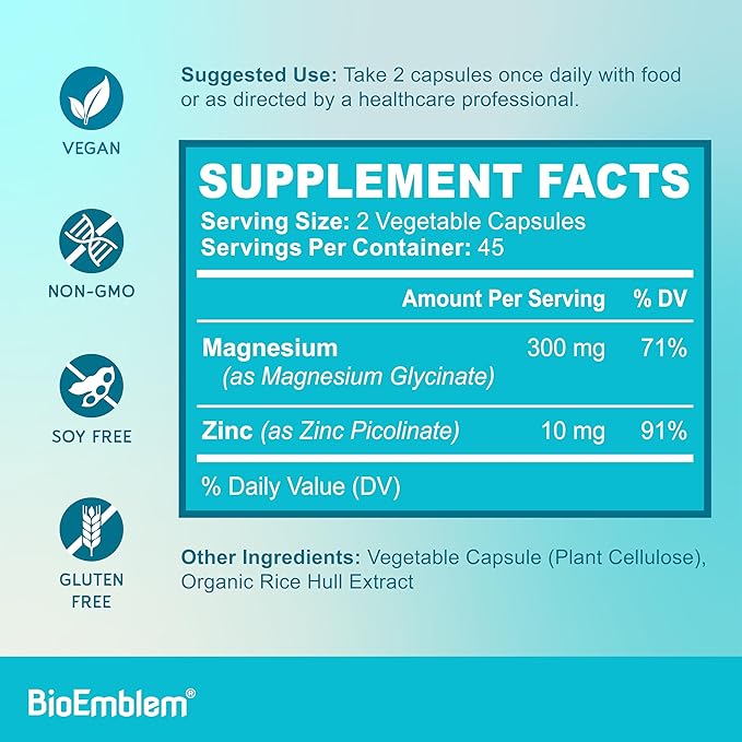 BioEmblem Triple Magnesium Complex and Magnesium glycinate with Zinc for Brain Health Enzyme Function and Muscles and Legs