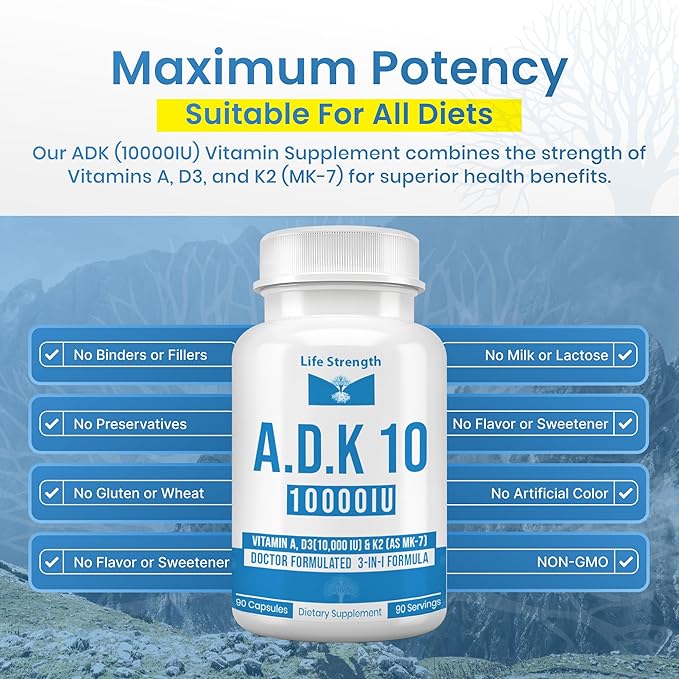 ADK 10 Supplement 10000 IU (90 CT) - Physician Formulated ADK Vitamins A D3 &amp K2 (as MK7) for Bone Health - Immune System Support - Gluten Free Soy Free Non-GMO
