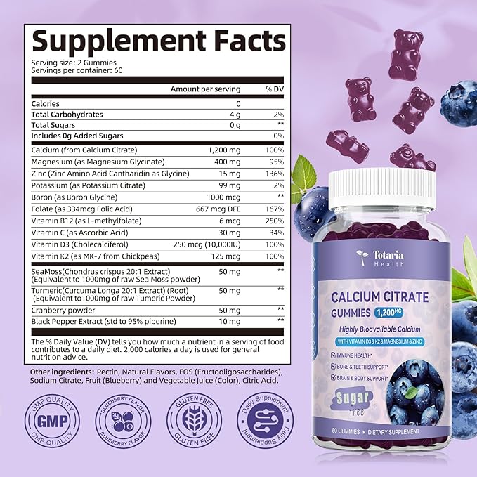 2 Pack Calcium Citrate Gummies 1200 mg - Calcium Supplements for Women with Vitamin D3 &amp K2MagnesiumZinc - Sugar Free Calcium Gummies for Bone &amp Teeth &amp Immune Support- Blueberry Flavor