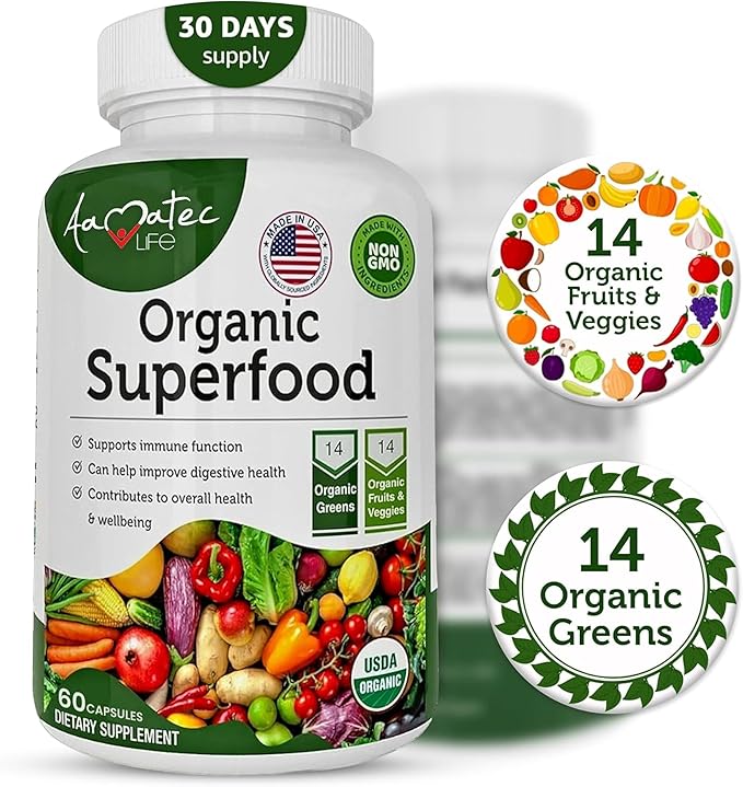 Organic Superfood Greens Fruits and Veggies Complex - Dietary Supplement with 14 Greens and 14 Fruits &amp Vegetables with Alfalfa Rich in Antioxidant Organic Ingredients Non-GMO 60 Count