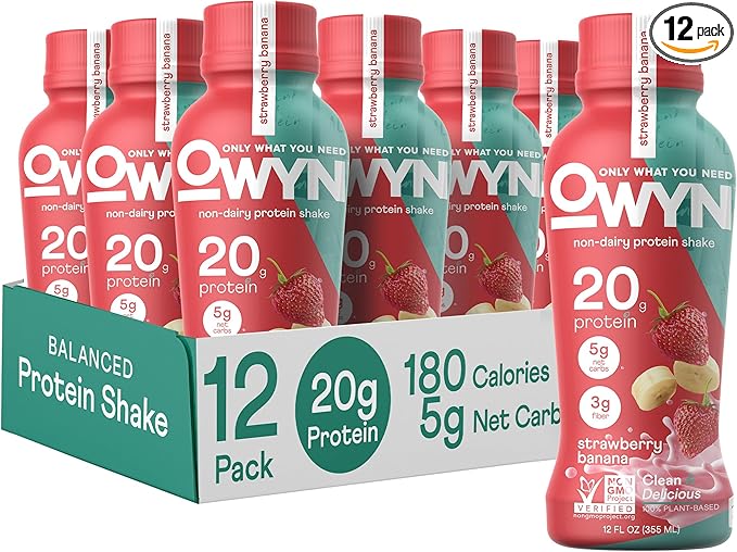OWYN Only What You Need Strawberry Banana Flavored Protein Shake 20g Protein 4g Sugar 3g Fiber Dairy Free Plant Based Protein Drink 12 Count