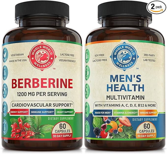 Premium Berberine and Mens Daily Multivitamins Bundle (One Bottle Each). Collectively Supports Holistic Wellness Boosted Energy Metabolic Function and Cardiovascular Heatlh. Made in The USA.