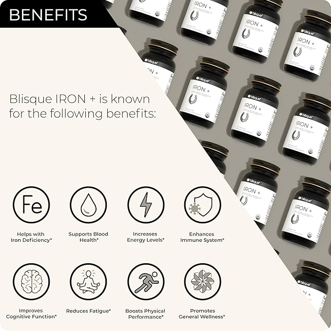 Blisque - Organic Plant-Based Iron Formula for Blood Health Immune Support and Energy | from Organic Curry Leaf Extract | 90 Capsules