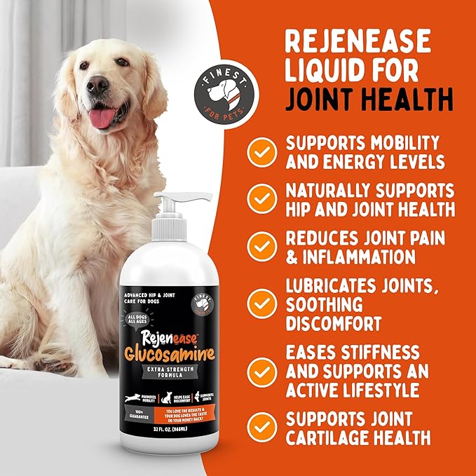 Liquid Glucosamine for Dogs with Chondroitin MSM &amp Hyaluronic Acid (32oz). Hip &amp Joint Supplement Supports Better Mobility &amp Promotes New Cartilage. Eases Joint Stiffness. Rejenease Made