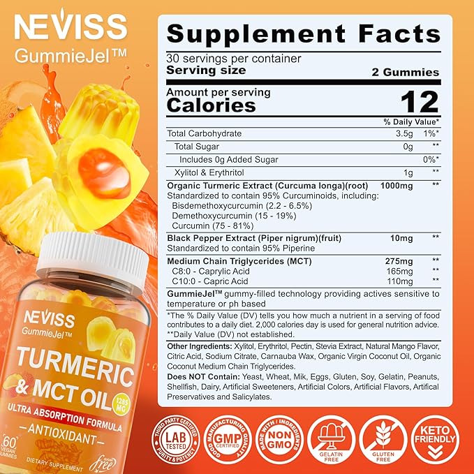 NEVISS Sugar Free Turmeric Curcumin Gummies + Marine Algae Calcium Supplement 600mg High Absorption Vegan