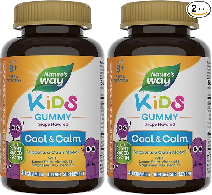 Nature's Way Kids Cool &amp Calm GummiesSupports a Calm Mood in Kids Ages 8+*Lemon BalmMagnesiumVitamin B6L-TheanineGrape FlavoredVegetarian(Packaging May Vary)40 Count (Pack of 2)