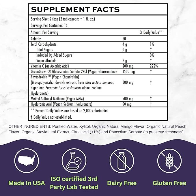 Joint Nourish – 100% Vegan Liquid Joint Supplement | Vegan Glucosamine Chondroitin MSM Hyaluronic Acid &amp Vitamin C | Mango-Peach | Supports Joint Mobility Cartilage &amp Skin | Sugar-Free16