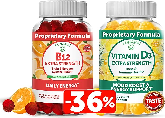 Lunakai Vitamin D3 and Vitamin B12 Gummies Bundle - Immunity Bone and Mood Support VIT D3 2000IU Supplement - 3000mcg Methylcobalamin High Absorption Energy Gummy