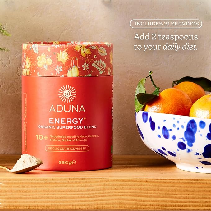 Aduna Organic Energy Superfood Blend | 100% Natural Stir-in Blend With 10+ Superfoods for Natural Energy Focus &amp Reduced Tiredness | Vegan Powder for Yogurt Juices &amp Smoothies | 250g