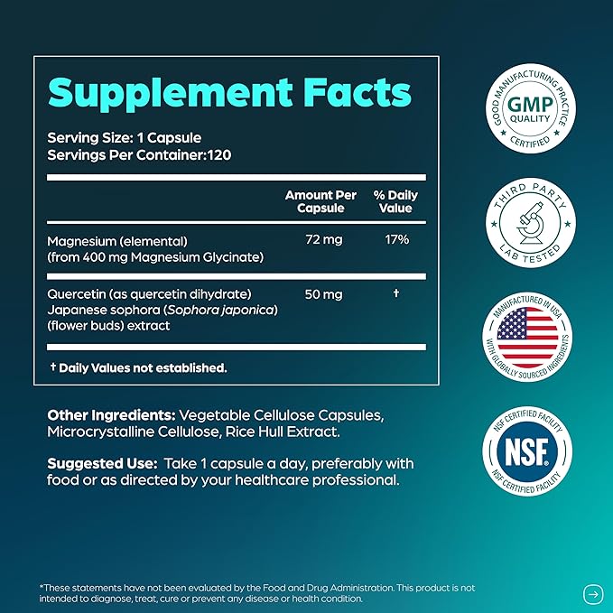 Magnesium Glycinate 400mg High Absorption Capsules with Quercetin | Quality Sleep Relaxation &amp Muscle Health Supplement for Women and Men | Chelated Magnesium 120 Count (Pack of 2) | Easy to Swal