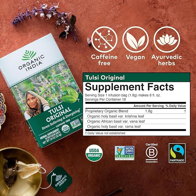 ORGANIC INDIA Tulsi Original Herbal Tea - Holy Basil and African Basil Calming and Stress Relief Tea Immune Support USDA Certified Organic Non-GMO Caffeine-Free - 18 Infusion Bags 3 Pack