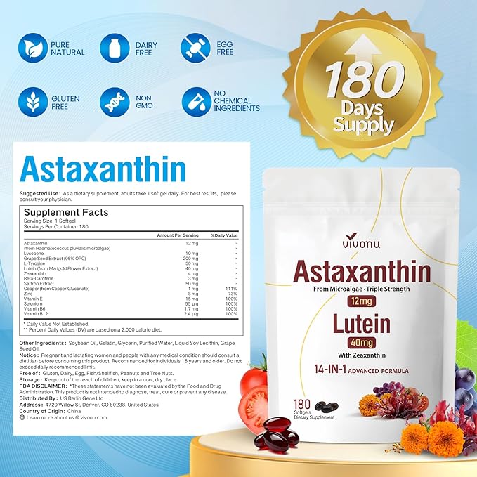 14-in-1 Astaxanthin 12mg &amp Lutein 40mg with Zeaxanthin Supplements 6 Month Supply Fresh Microalgae Source Supports Eye Skin Antioxidant Joint Circulatory Health Non-GMO Gluten Free 180 Soft