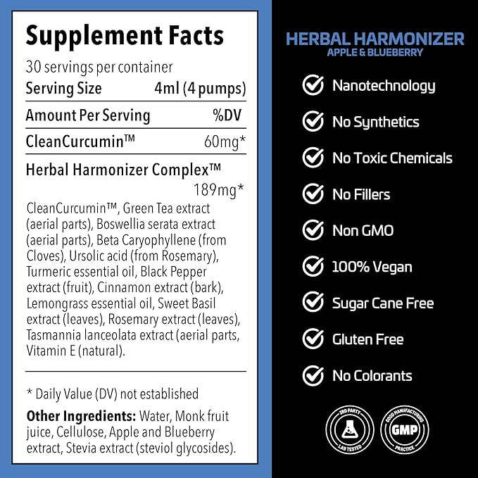 Herbal Harmonizer with CleanCurcumin(TM) - Multi Botanical Antioxidants Supplement - Water Soluble - Nano Curcumin - Holistic Wellness Defender - Healthy Drink Mix (4 fl.oz Apple and Blueberry)
