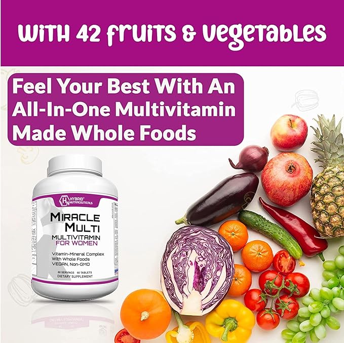 Hybrid Nutraceuticals MiracleMulti Women Multivitamin with Probiotics Biotin Folic Acid Enzymes + Fruit &amp Vegetable Blend - Immune Support Heart Health Energy: 60 Servings (Non-GMO) (2)