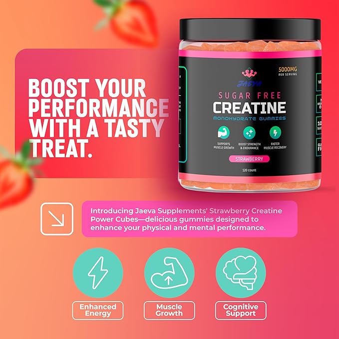 Jaeva Sugar Free Creatine Monohydrate Gummies 5g 5000mg for Men &amp Women Strawberry - 120 Count Pre Workout for Energy Boost for Building Muscle and Strength Vegan Non-GMO 3rd Party lab Test