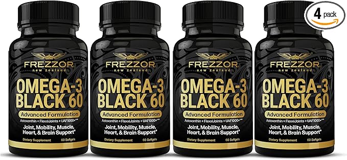 FREZZOR Omega 3 Black - Highest Strength Green Lipped Mussel Oil Capsules Made in New Zealand UAF1000+ Inflammation Joint Care &amp Relief Heart &amp Immune Support 60 Count (Pack of 4)