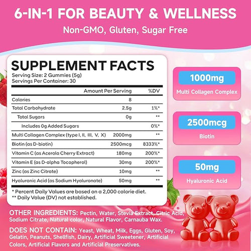 2 Pack Collagen Peptide Gummies for Women &amp Men Collagen Protein Type IIIIIIVX with Biotin Vitamin C D Hydrolyzed Collagen Supplement for Skin Hair Nails Raspberry Flavor 120 Count