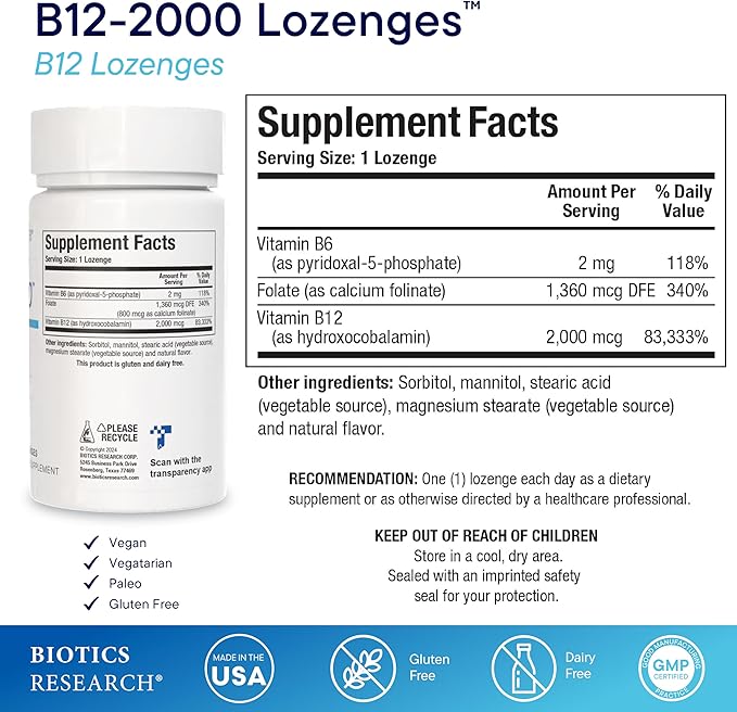 Biotics Research B12-2000™ Vitamin B12 2000 mcg B6 Folate–B12 Sublingual Lozenges Methylation Support Supplement High Potency Highly Absorbable Natural Berry Flavor Dissolves Easily–60 Count